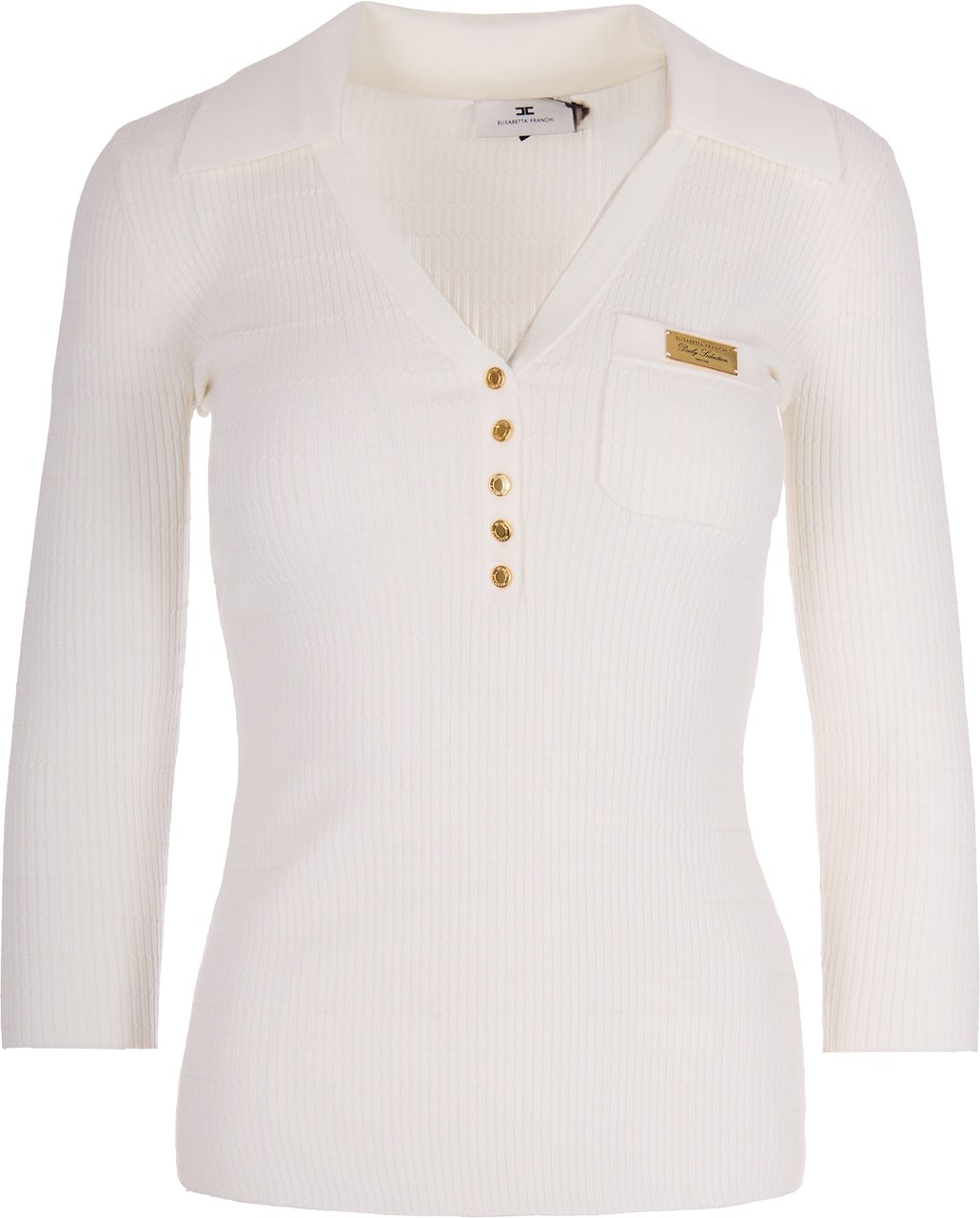 Elisabetta Franchi Ivory Ribbed Sweater With Pocket Wit