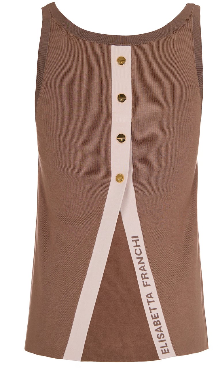 Elisabetta Franchi Sleeveless Knit Top with Glossy Viscose Bands Bruin
