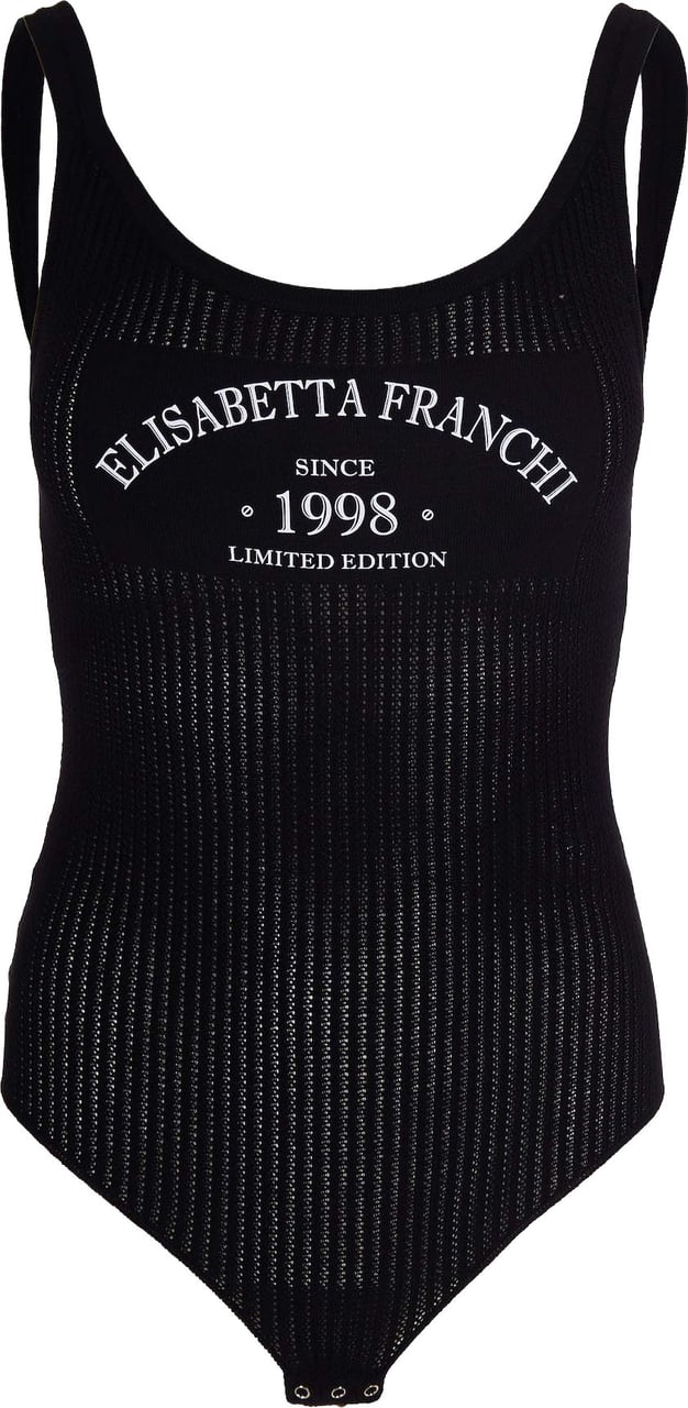 Elisabetta Franchi Ribbed Knit Bodysuit with Contrasting Logo Print Zwart