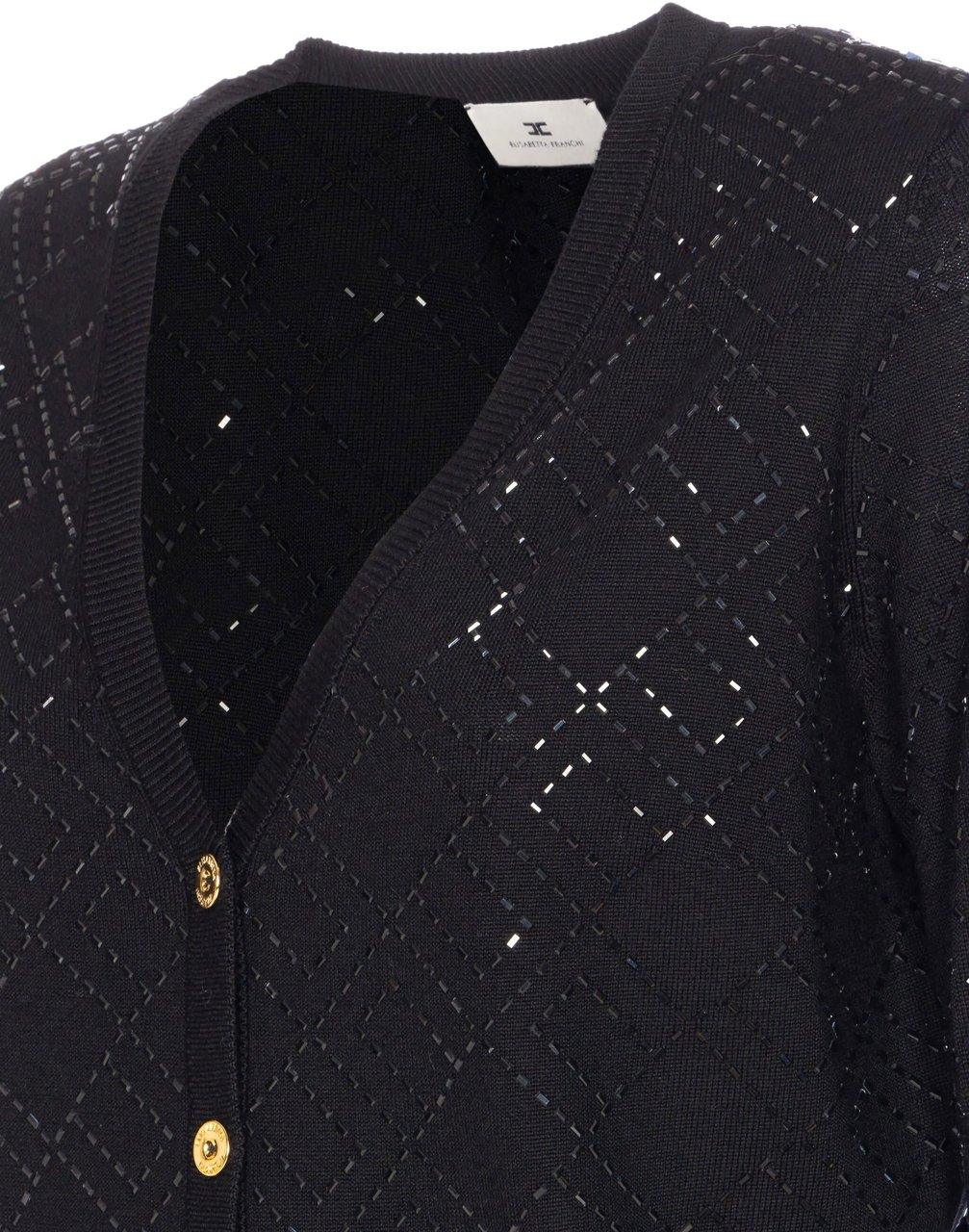 Elisabetta Franchi Diamond-Pattern Black V-Neck Knit Cardigan Zwart