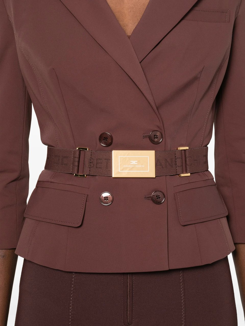 Elisabetta Franchi Double-Breasted Tailored Brown Belted Jacket Grijs