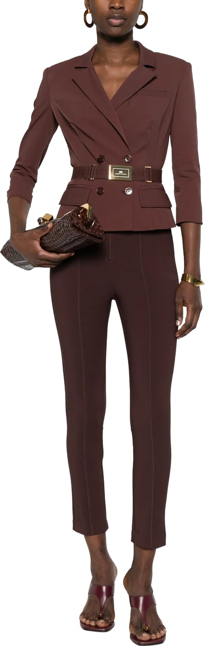 Elisabetta Franchi Double-Breasted Tailored Brown Belted Jacket Grijs