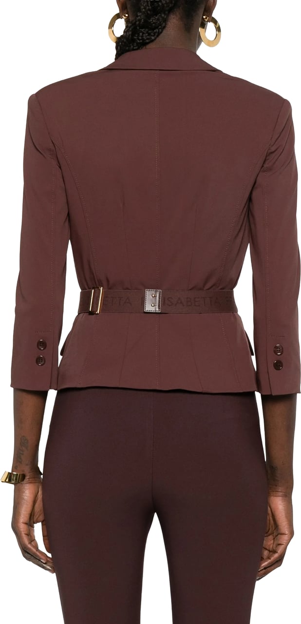 Elisabetta Franchi Double-Breasted Tailored Brown Belted Jacket Grijs