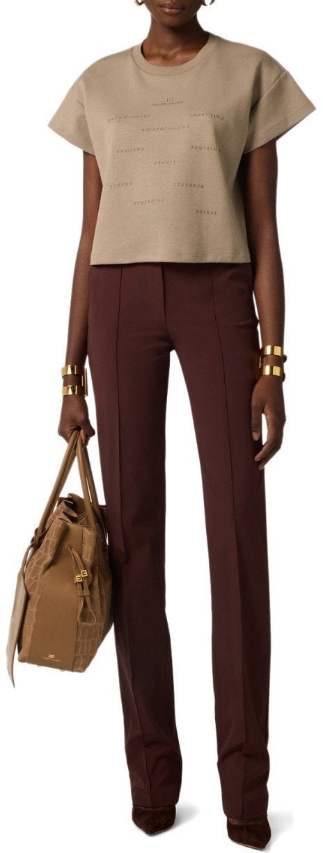 Elisabetta Franchi ELISABETTA FRANCHI CROPPED T-SHIRT WITH LETTERING Beige