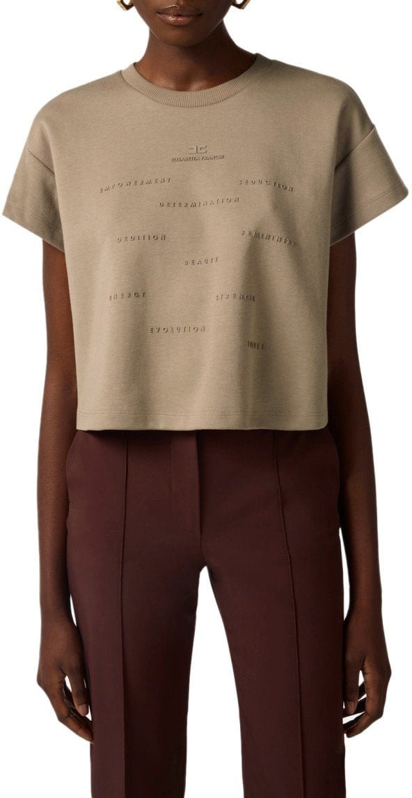 Elisabetta Franchi ELISABETTA FRANCHI CROPPED T-SHIRT WITH LETTERING Beige