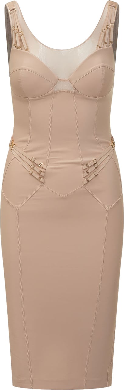 Elisabetta Franchi Abito Midi Aderente con Struttura Corsetto Beige