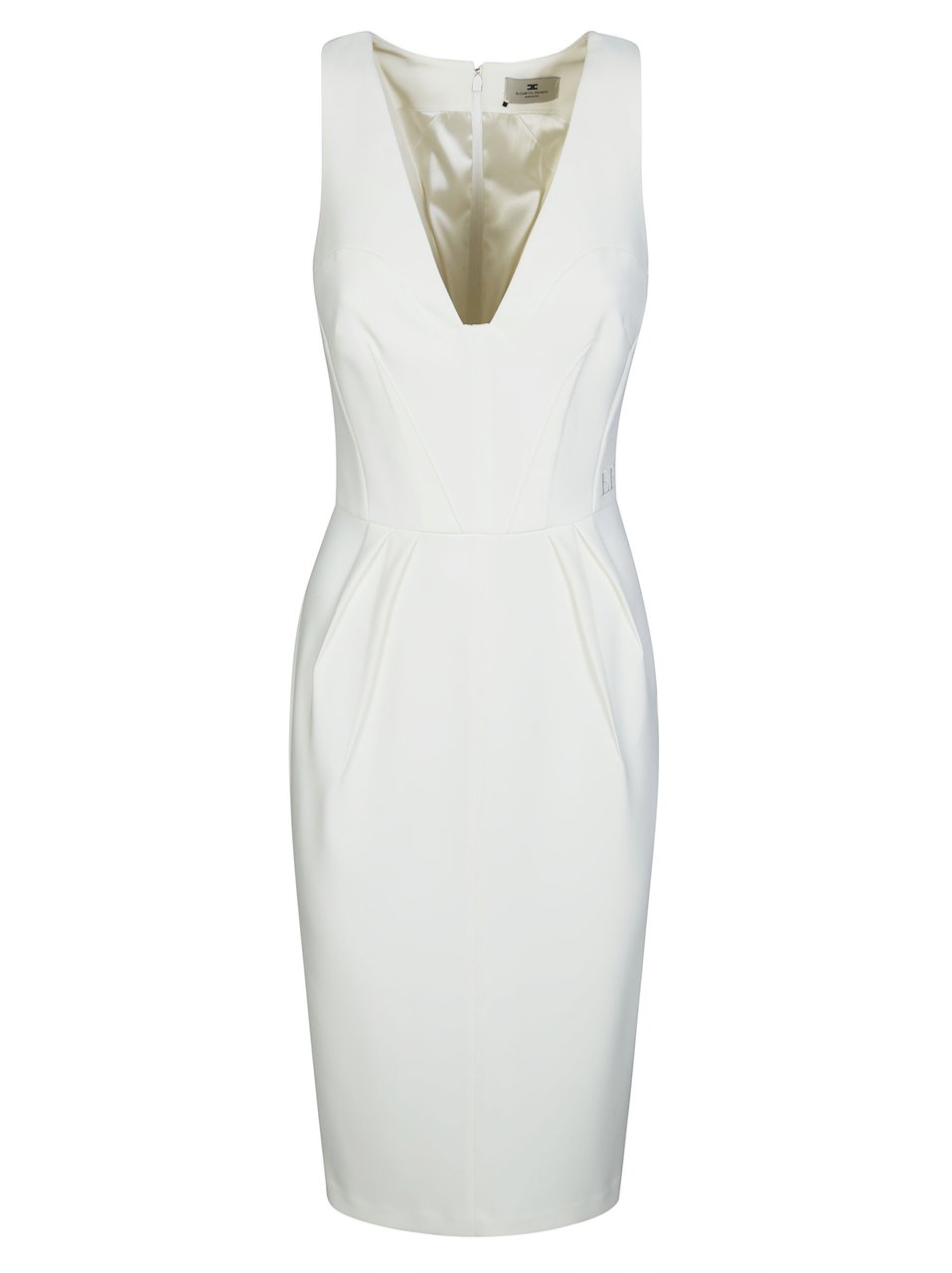 Elisabetta Franchi Fitted White Mini Dress with Deep V-Neckline Wit