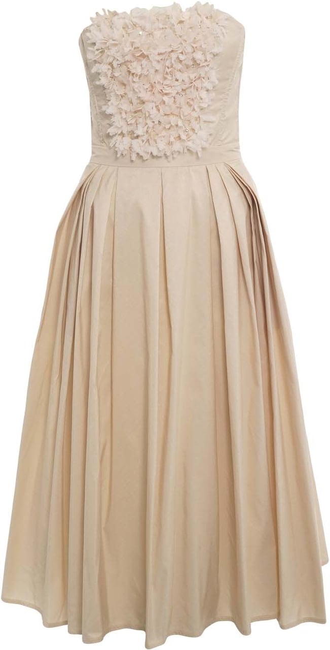 Elisabetta Franchi Midi dress with floral appliqués Beige