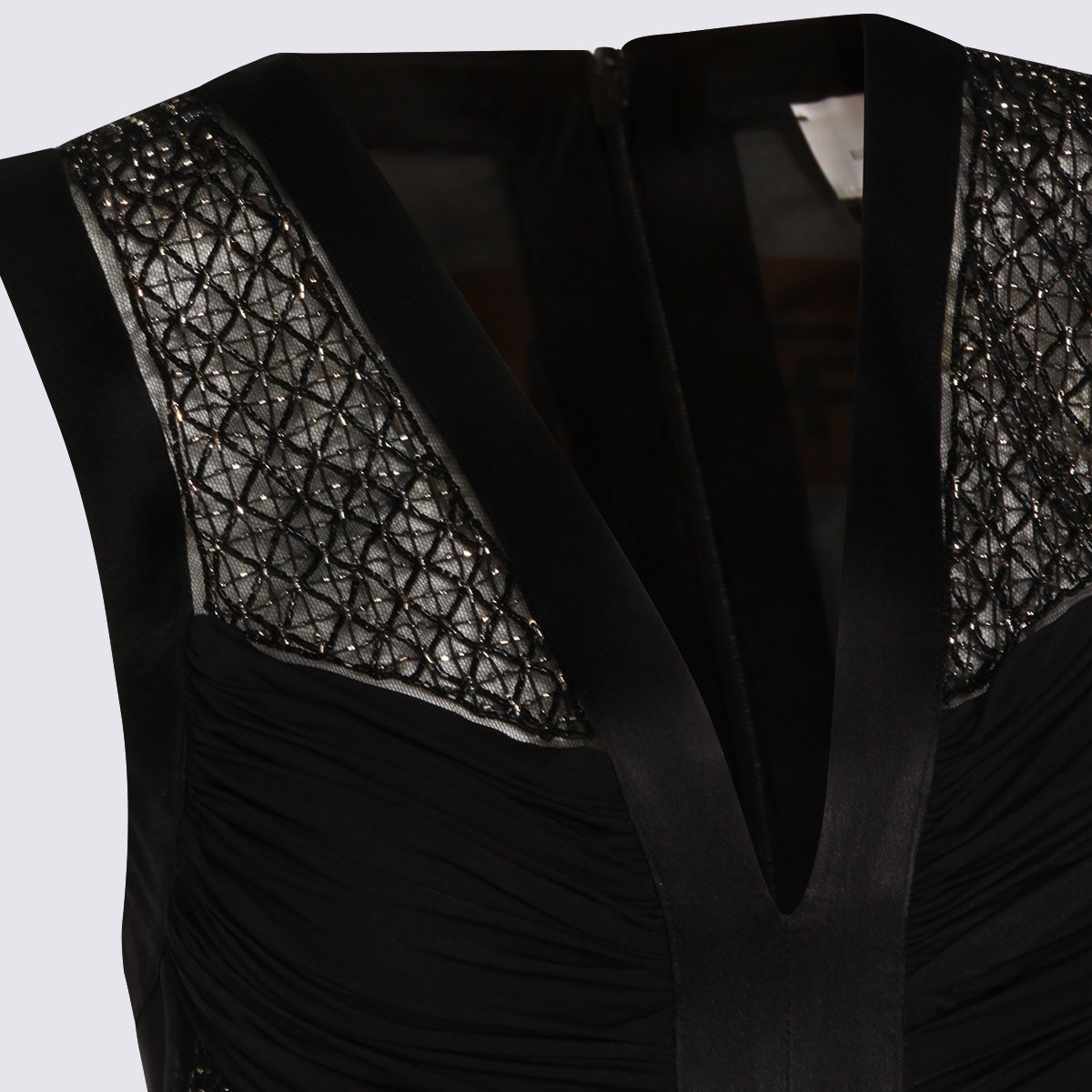 Elisabetta Franchi Long Sleeveless Dress With Geometric Lace Details And Sheer Mesh Panels Zwart