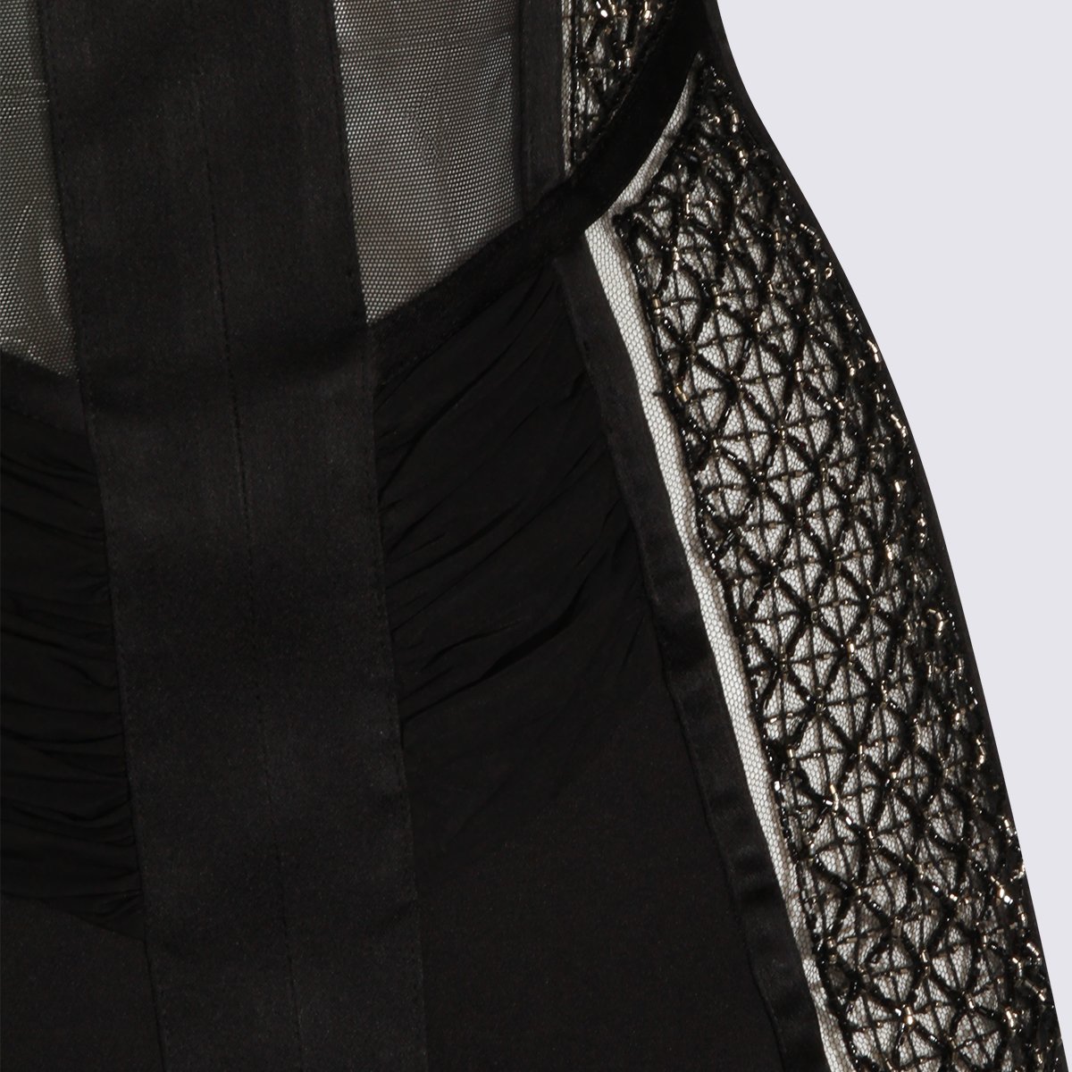 Elisabetta Franchi Long Sleeveless Dress With Geometric Lace Details And Sheer Mesh Panels Zwart