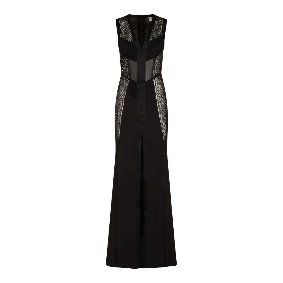 Elisabetta Franchi Long Sleeveless Dress With Geometric Lace Details And Sheer Mesh Panels Zwart