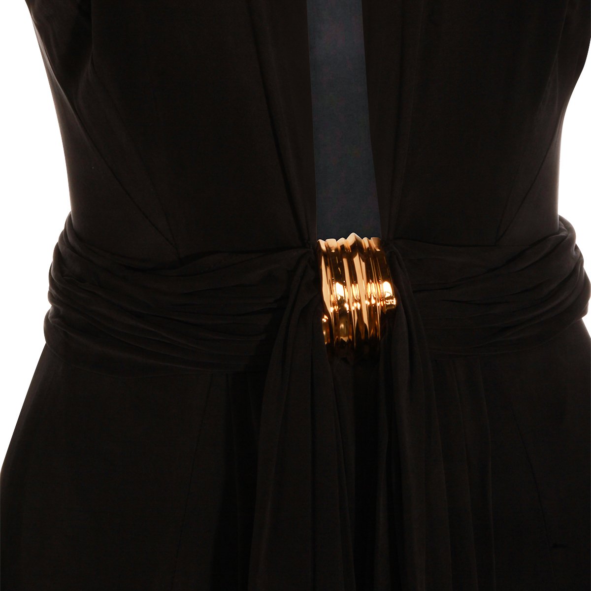 Elisabetta Franchi Long Black Maxi Dress with Draped Detail and Gold Hardware Zwart