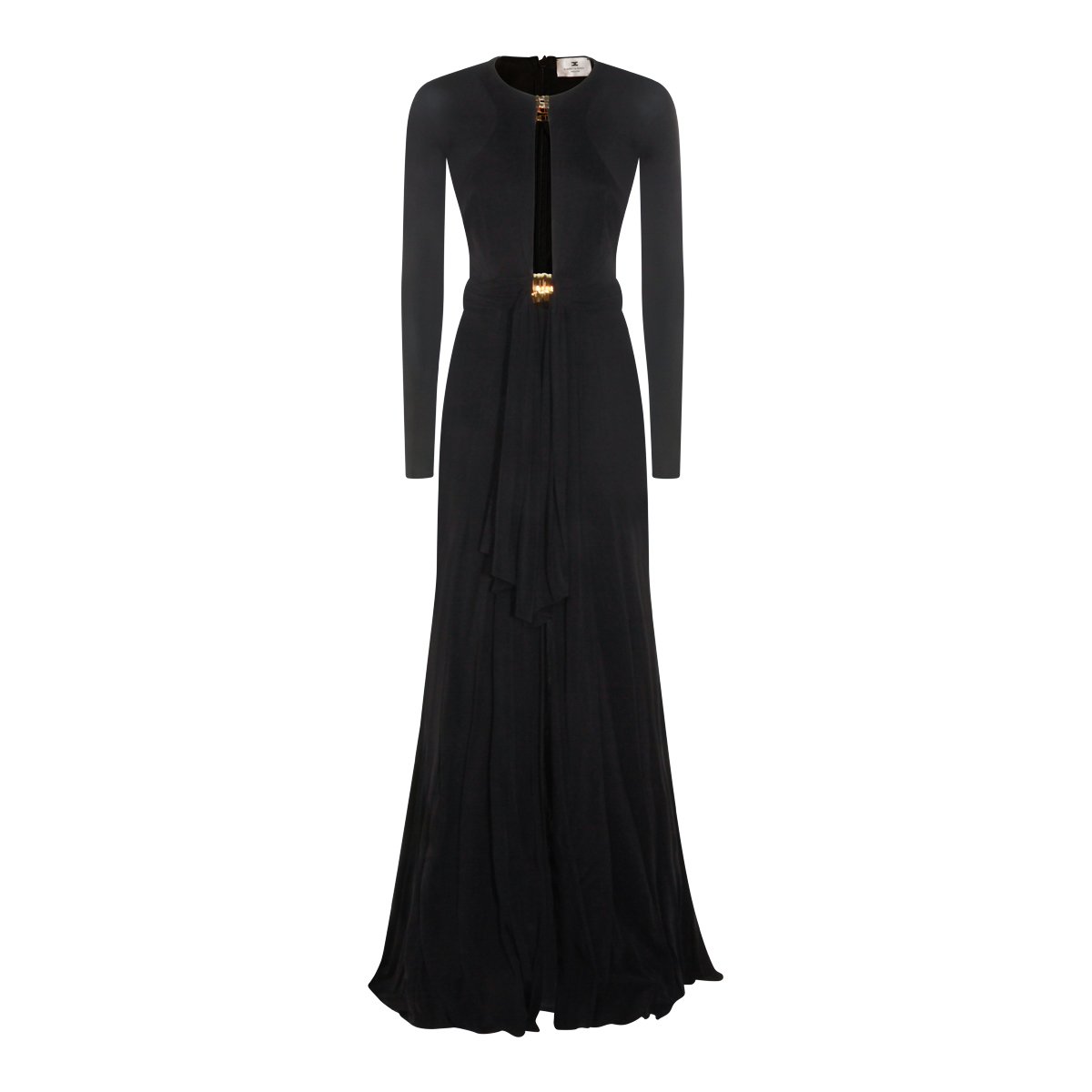 Elisabetta Franchi Long Black Maxi Dress with Draped Detail and Gold Hardware Zwart