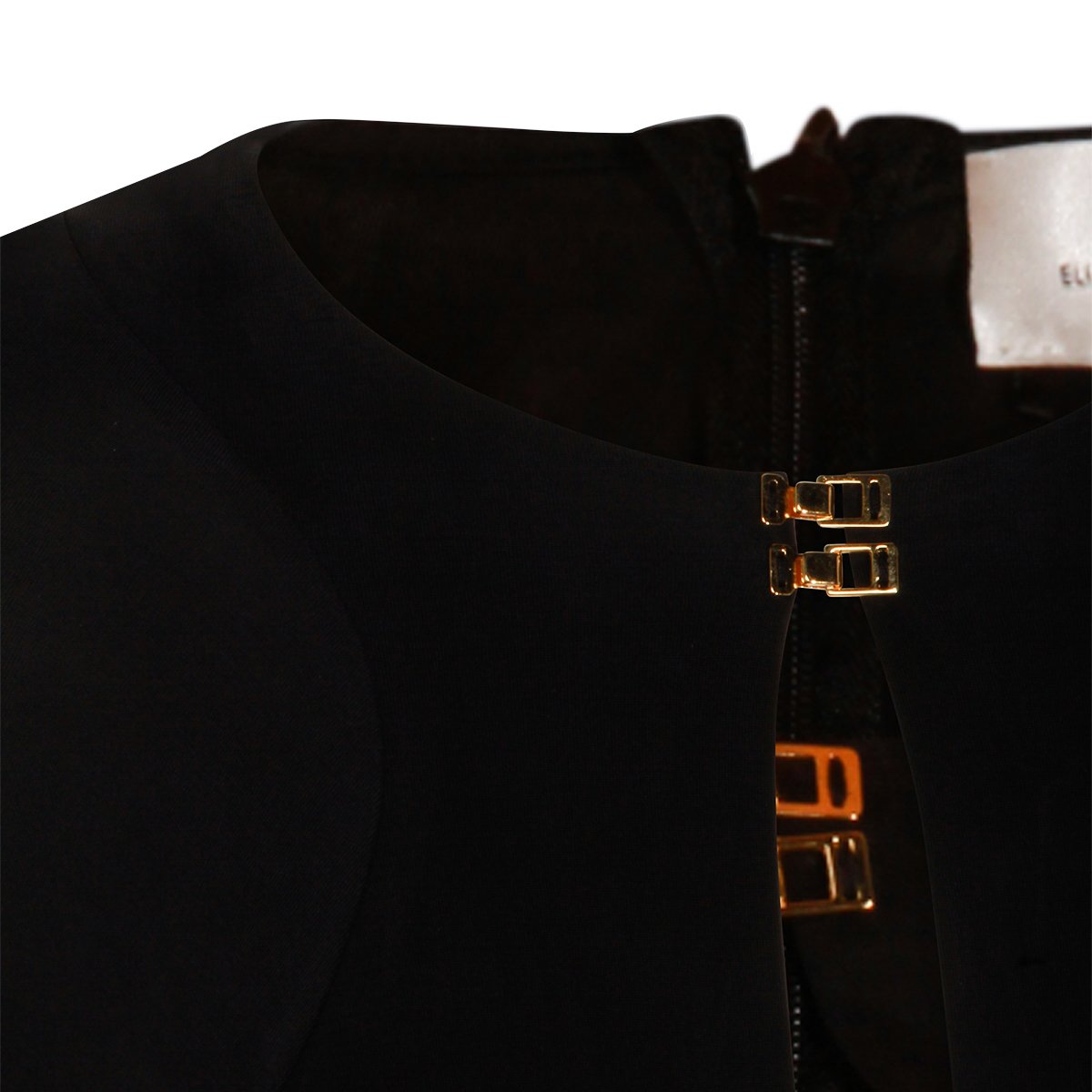 Elisabetta Franchi Long Black Maxi Dress with Draped Detail and Gold Hardware Zwart