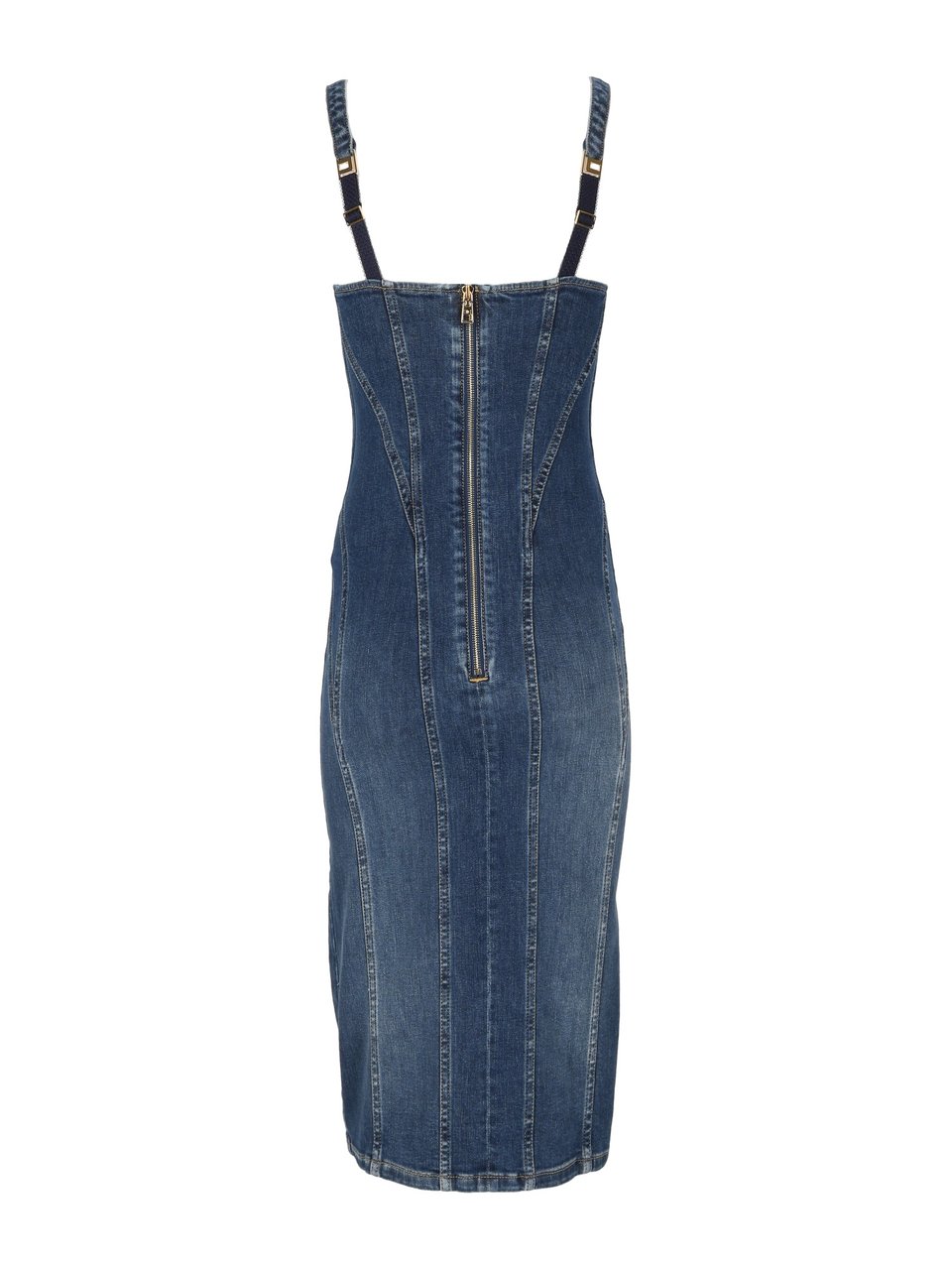 Elisabetta Franchi Denim Fitted Square Neck Day Dress Blauw