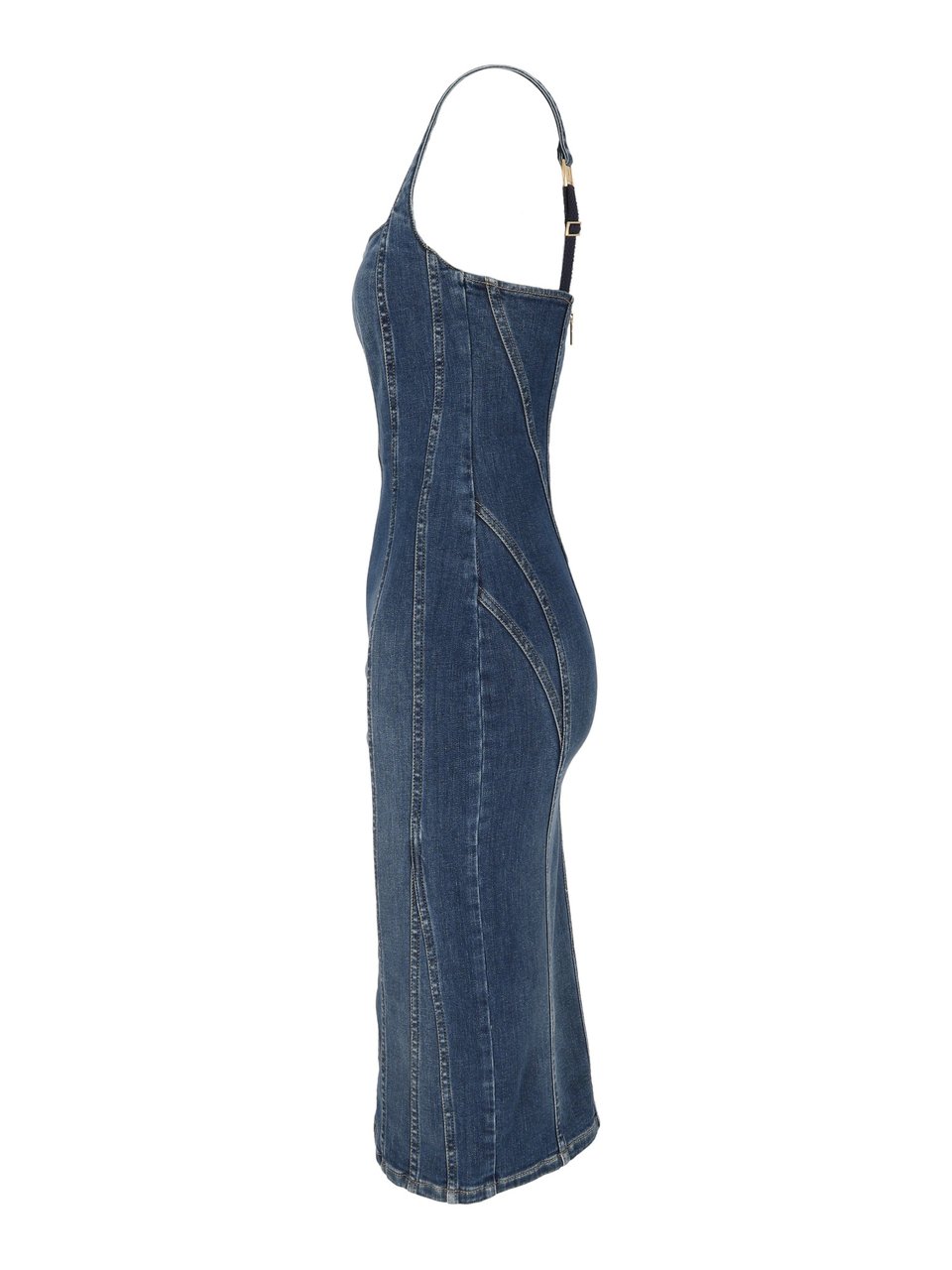 Elisabetta Franchi Denim Fitted Square Neck Day Dress Blauw