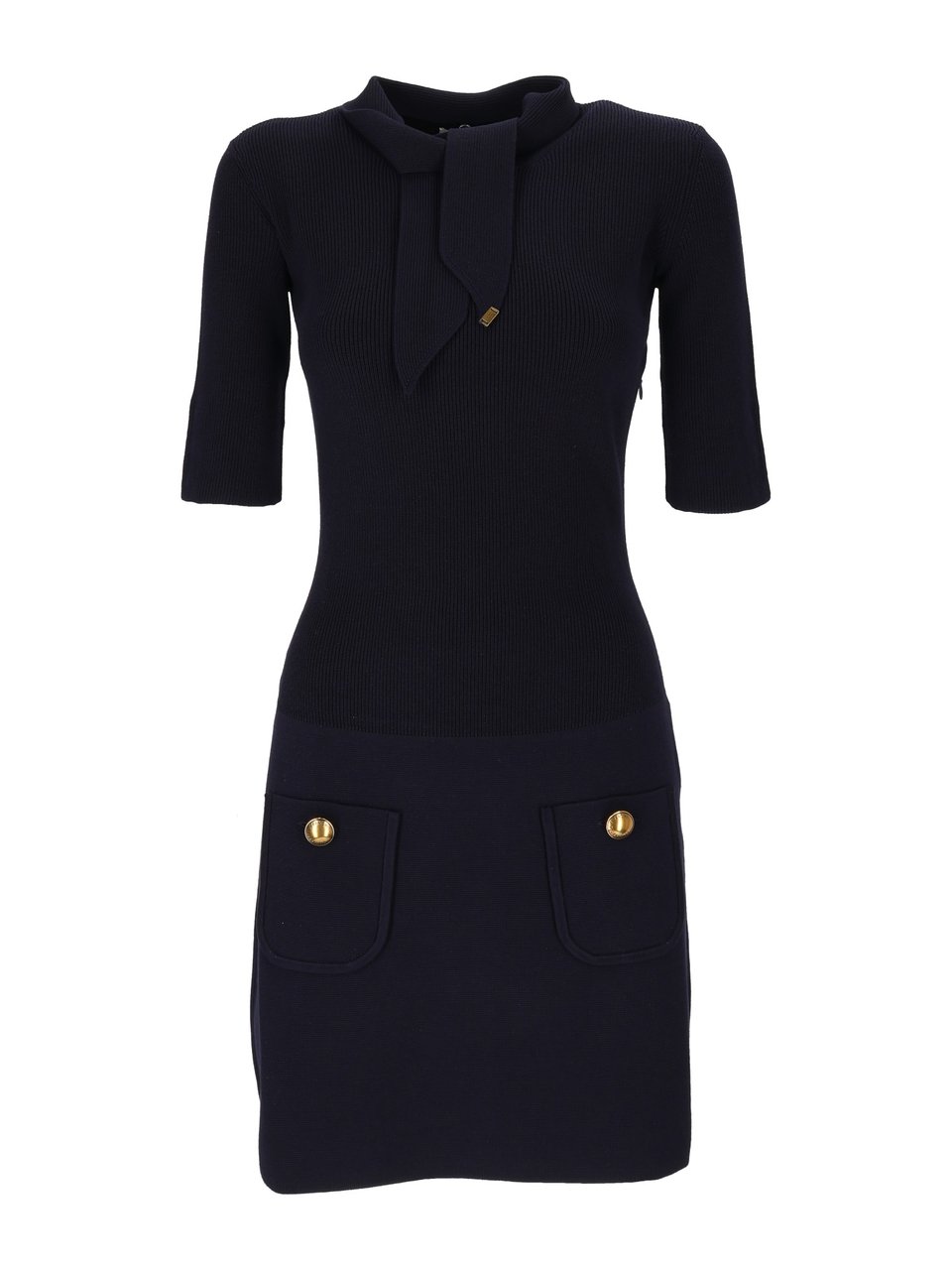 Elisabetta Franchi Fitted Ribbed Knit Mini Dress With Nektie Detail Zwart