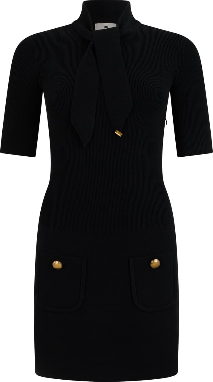 Elisabetta Franchi Mini knitted dress with scarf Zwart