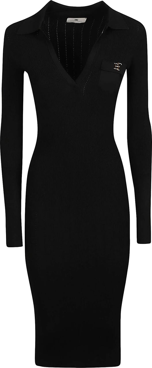 Elisabetta Franchi Long Sleeve V Neck Midi Dress Black Zwart