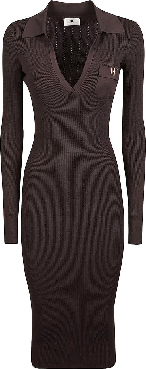Elisabetta Franchi Long Sleeve V Neck Midi Dress Brown Bruin