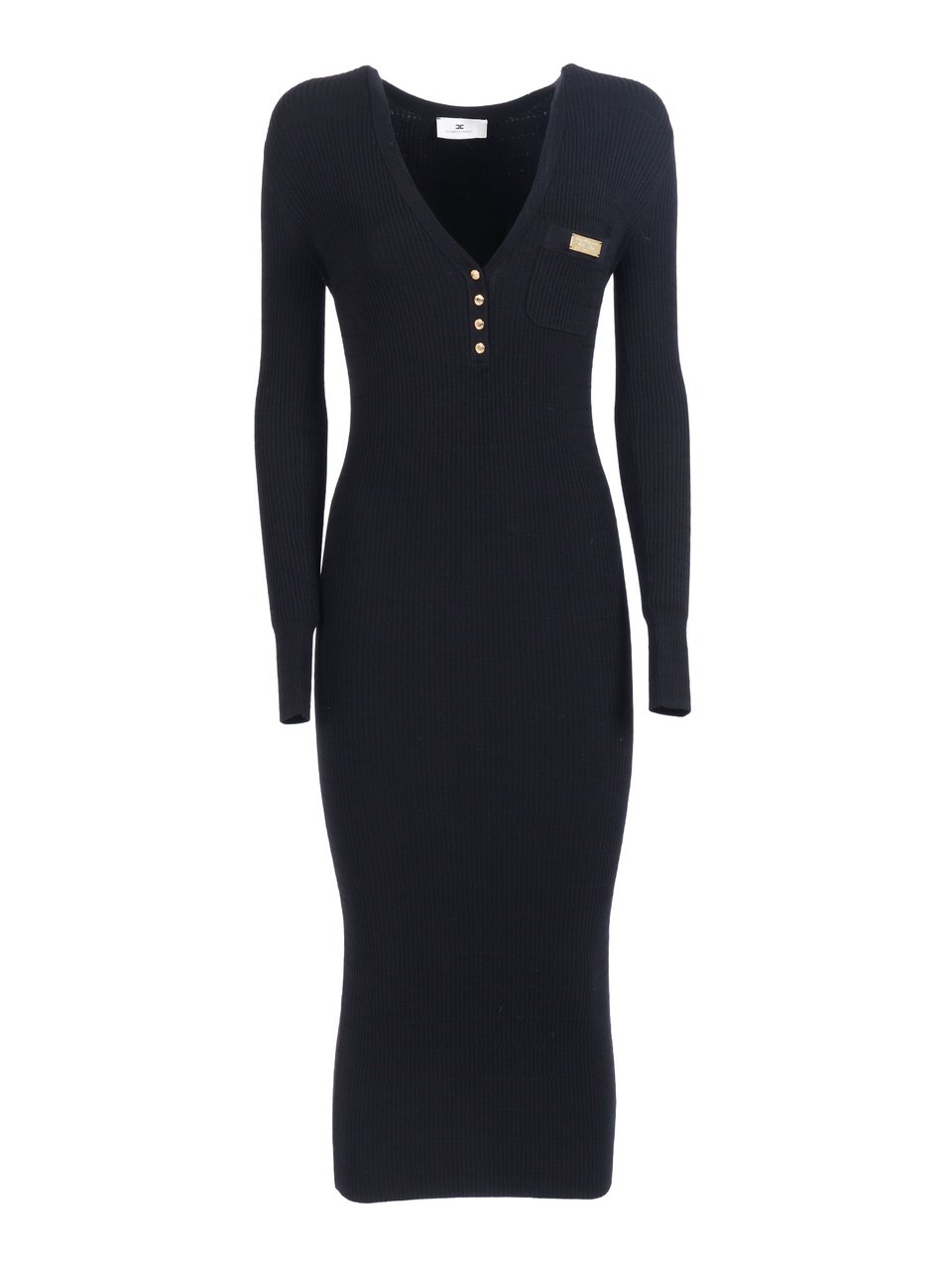 Elisabetta Franchi Knee-Length Fitted Knit Dress with V-Neck Zwart
