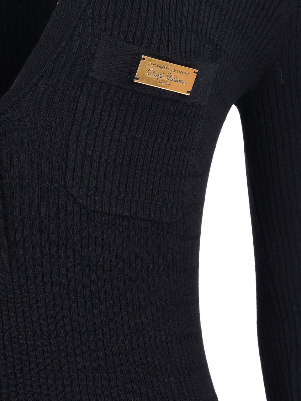 Elisabetta Franchi Knee-Length Fitted Knit Dress with V-Neck Zwart