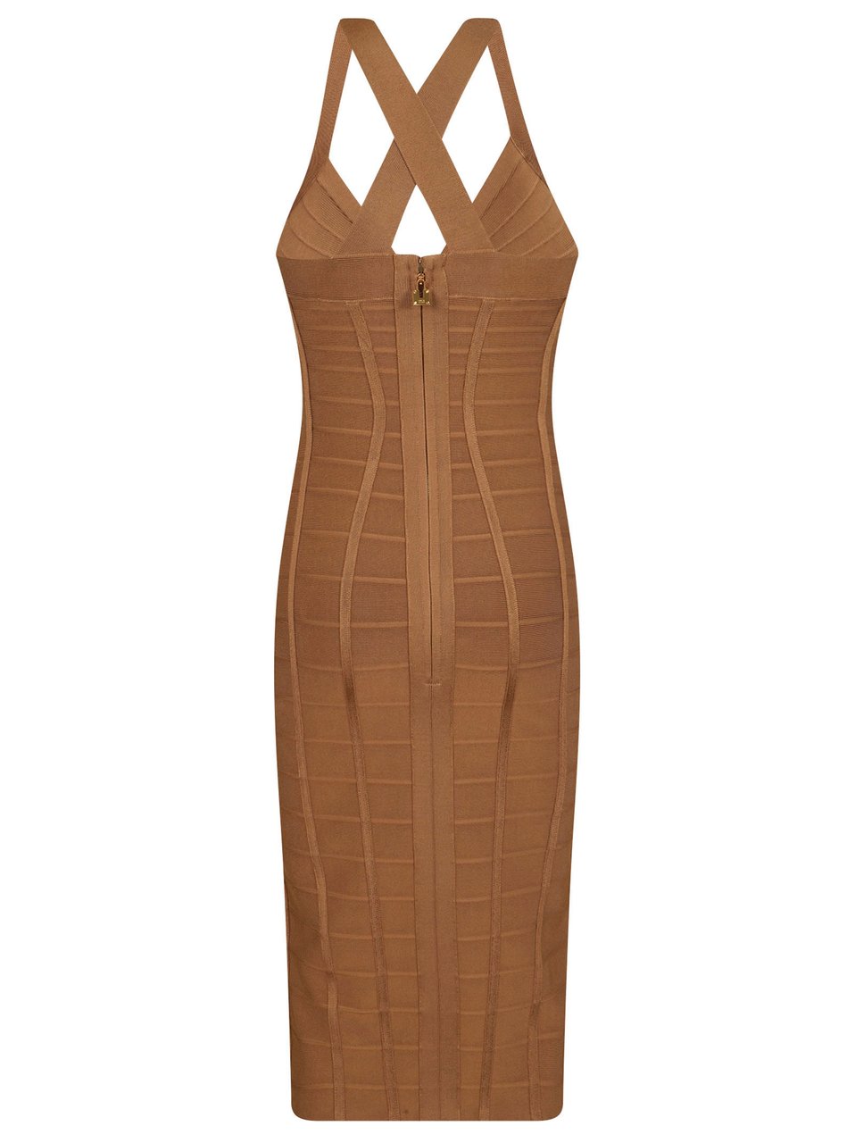 Elisabetta Franchi 3D Knit Midi Sheath Dress with Crossover Back Bruin