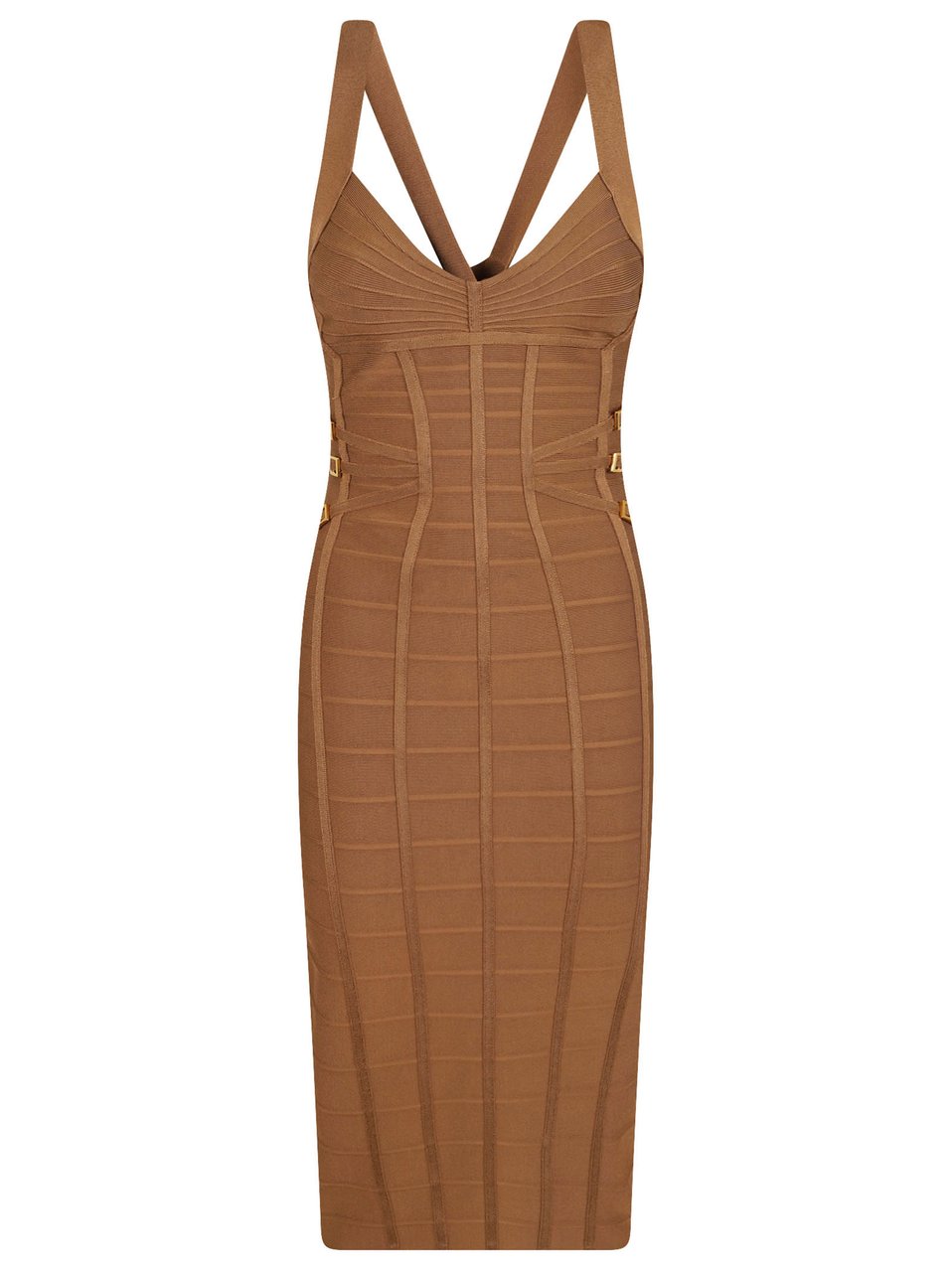 Elisabetta Franchi 3D Knit Midi Sheath Dress with Crossover Back Bruin
