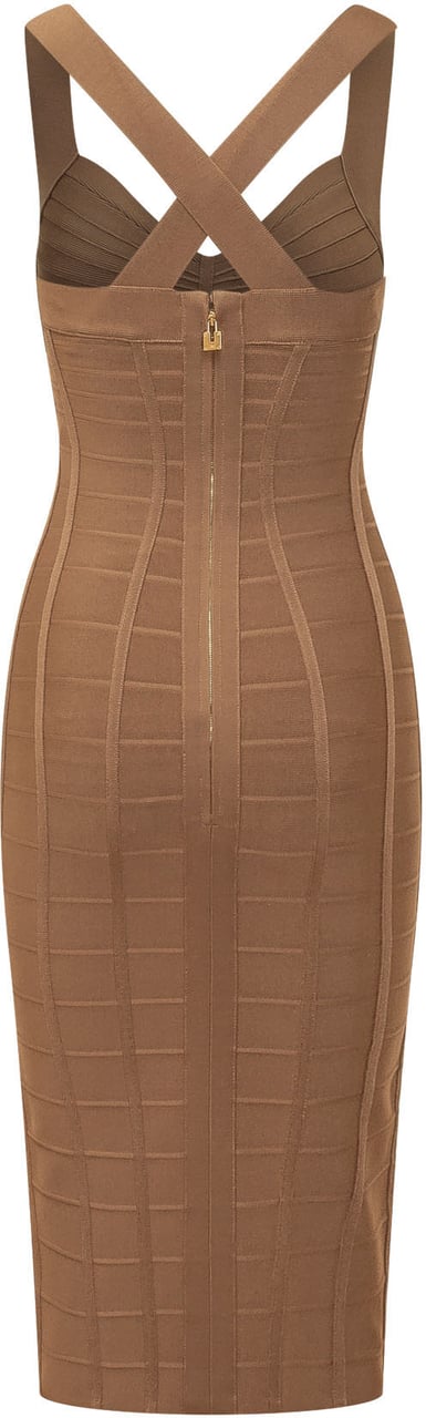 Elisabetta Franchi Abito Midi in Maglia con Spalline Incrociate Beige