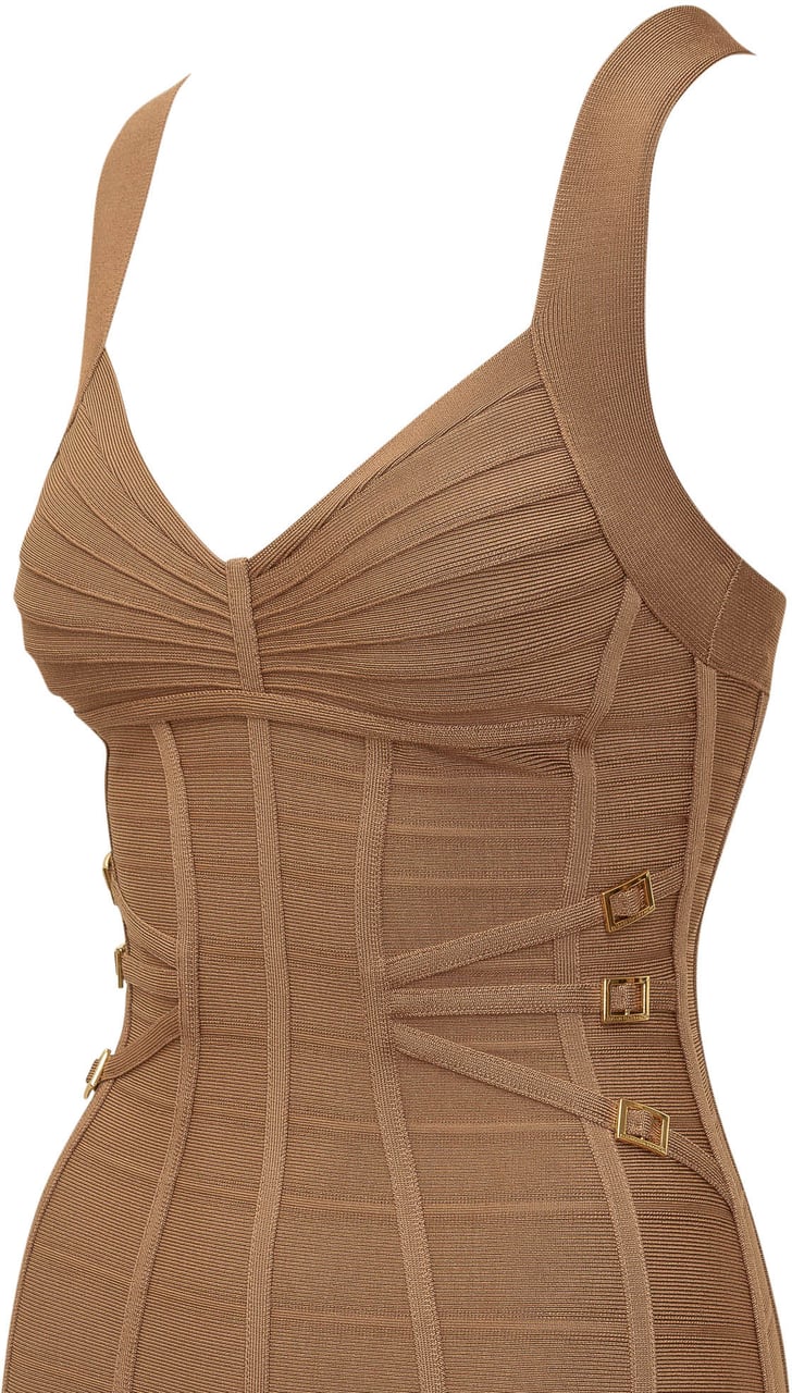 Elisabetta Franchi Abito Midi in Maglia con Spalline Incrociate Beige