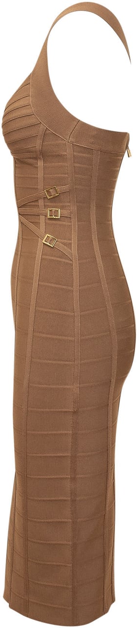 Elisabetta Franchi Abito Midi in Maglia con Spalline Incrociate Beige
