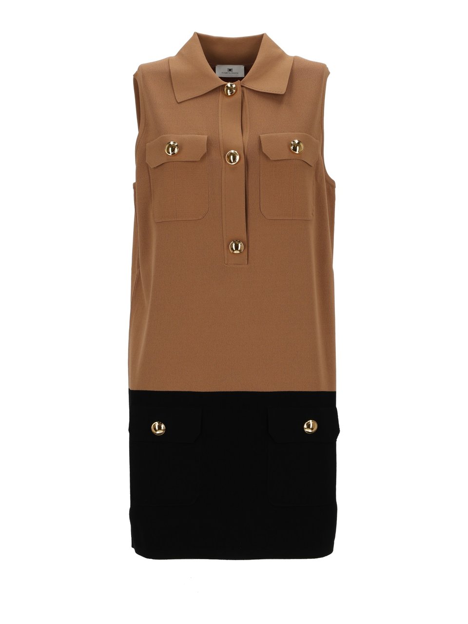 Elisabetta Franchi Sleeveless Two-Tone Knit Dress with Flap Pockets and Gold Accents Bruin