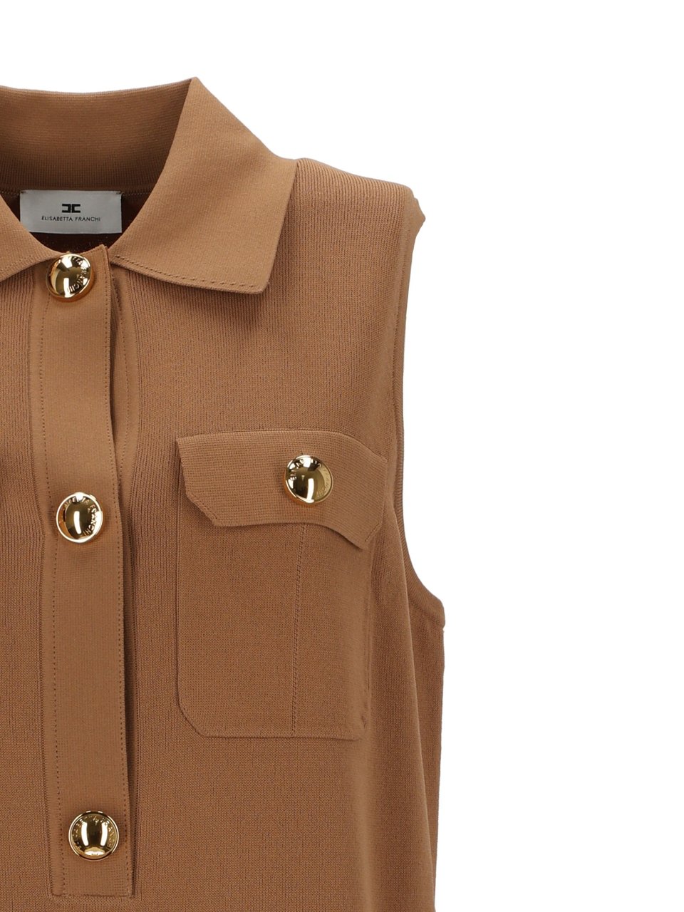 Elisabetta Franchi Sleeveless Two-Tone Knit Dress with Flap Pockets and Gold Accents Bruin