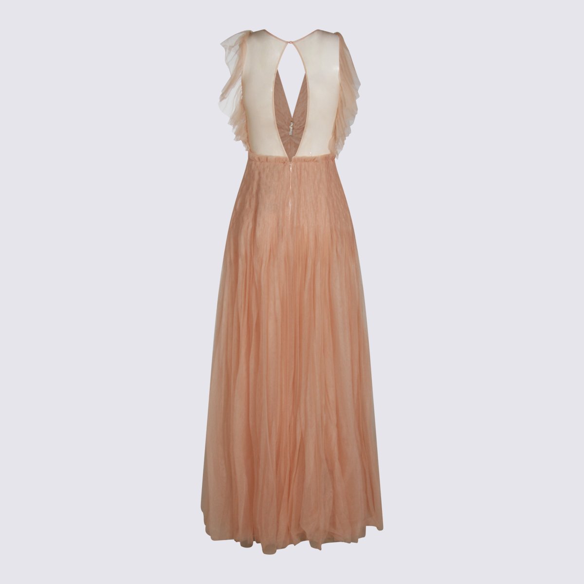 Elisabetta Franchi Floor-Length Dress With Deep V-Neckline And Ruffled Cap Sleeves Neutraal
