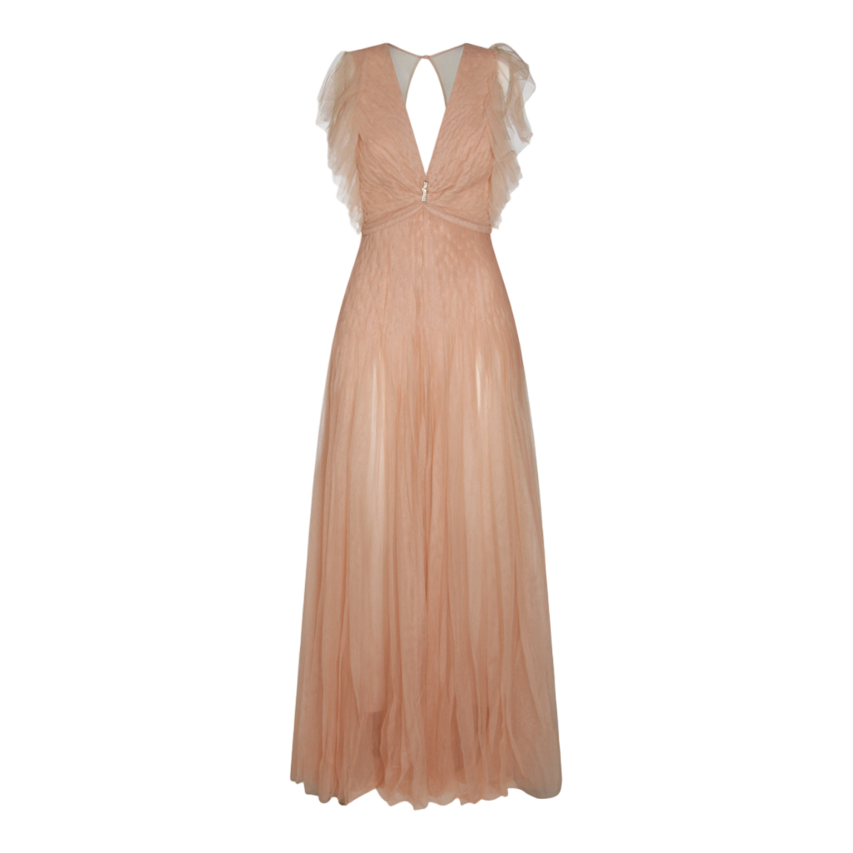 Elisabetta Franchi Floor-Length Dress With Deep V-Neckline And Ruffled Cap Sleeves Neutraal