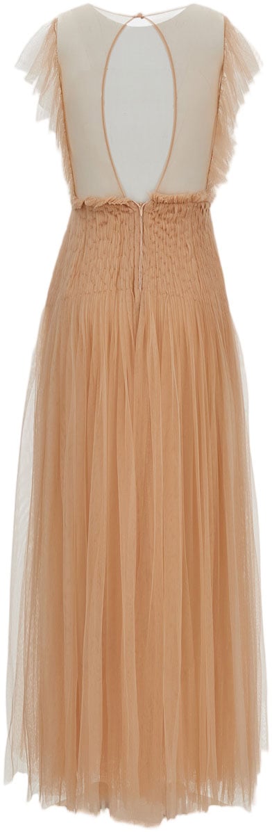 Elisabetta Franchi Nude Tulle Long Evening Dress Neutraal