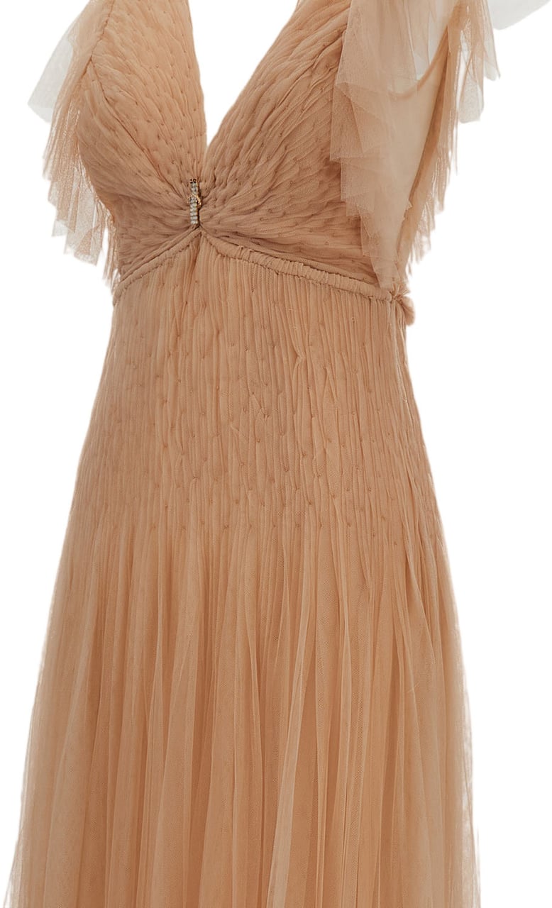 Elisabetta Franchi Nude Tulle Long Evening Dress Neutraal
