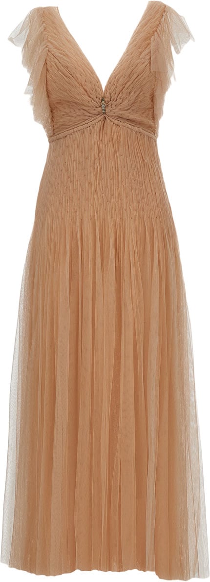 Elisabetta Franchi Nude Tulle Long Evening Dress Neutraal