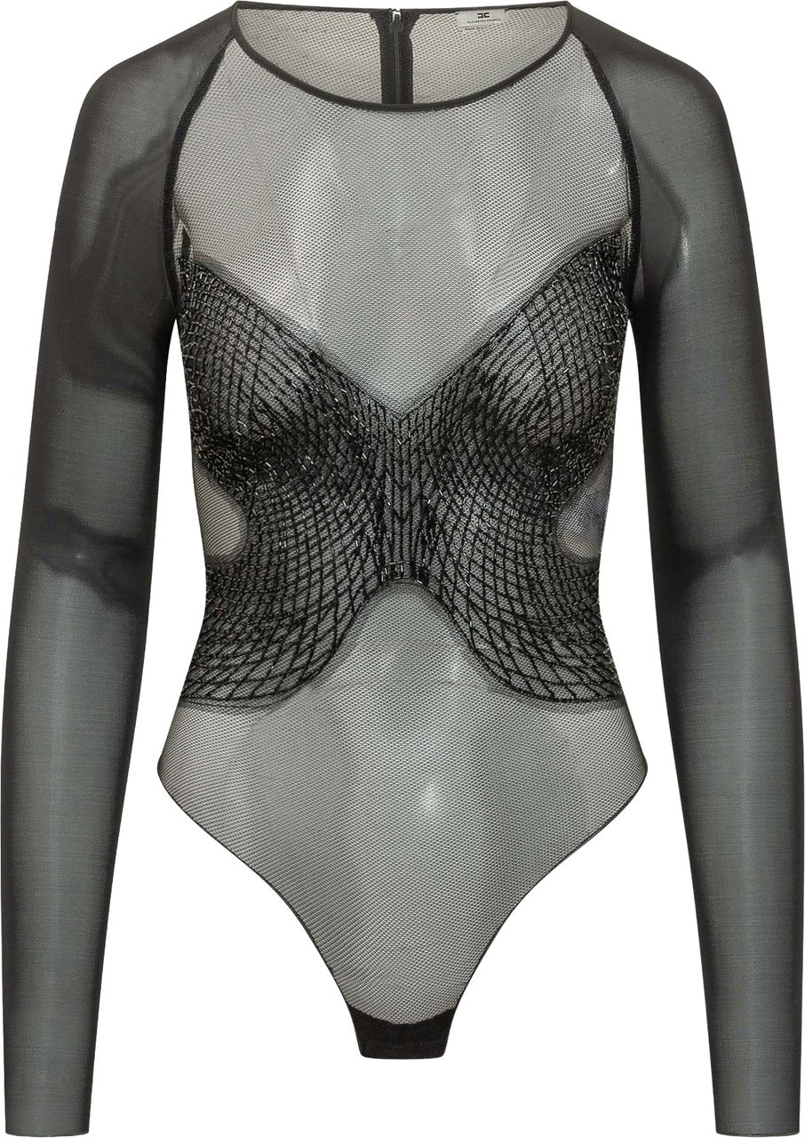 Elisabetta Franchi Body Ricamato Manica Lunga Zwart