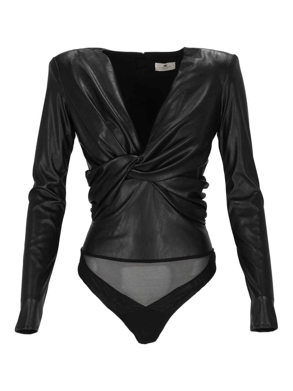 Elisabetta Franchi Faux Leather Bodysuit With Twisted Knot Detail Zwart