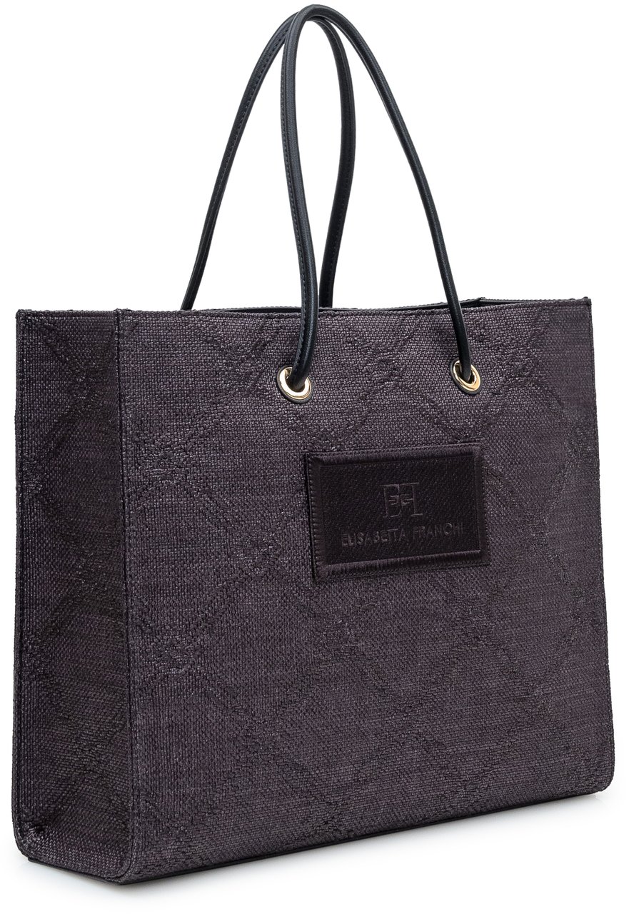 Elisabetta Franchi Tote Grande in Rafia Jacquard Zwart