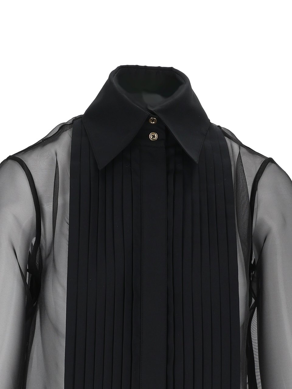 Elisabetta Franchi Translucent Pleated Bib Classic Collar Blouse Zwart