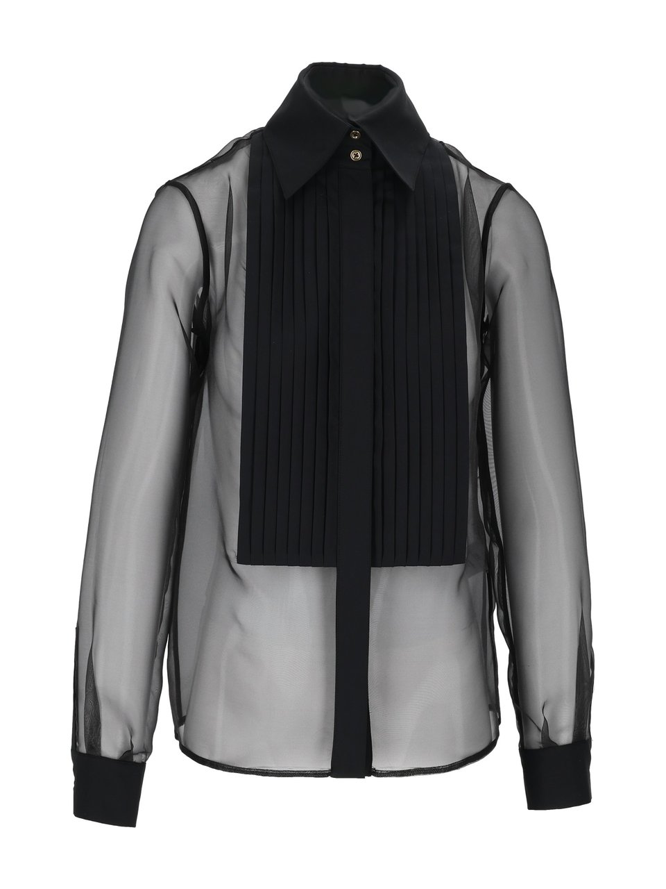 Elisabetta Franchi Translucent Pleated Bib Classic Collar Blouse Zwart