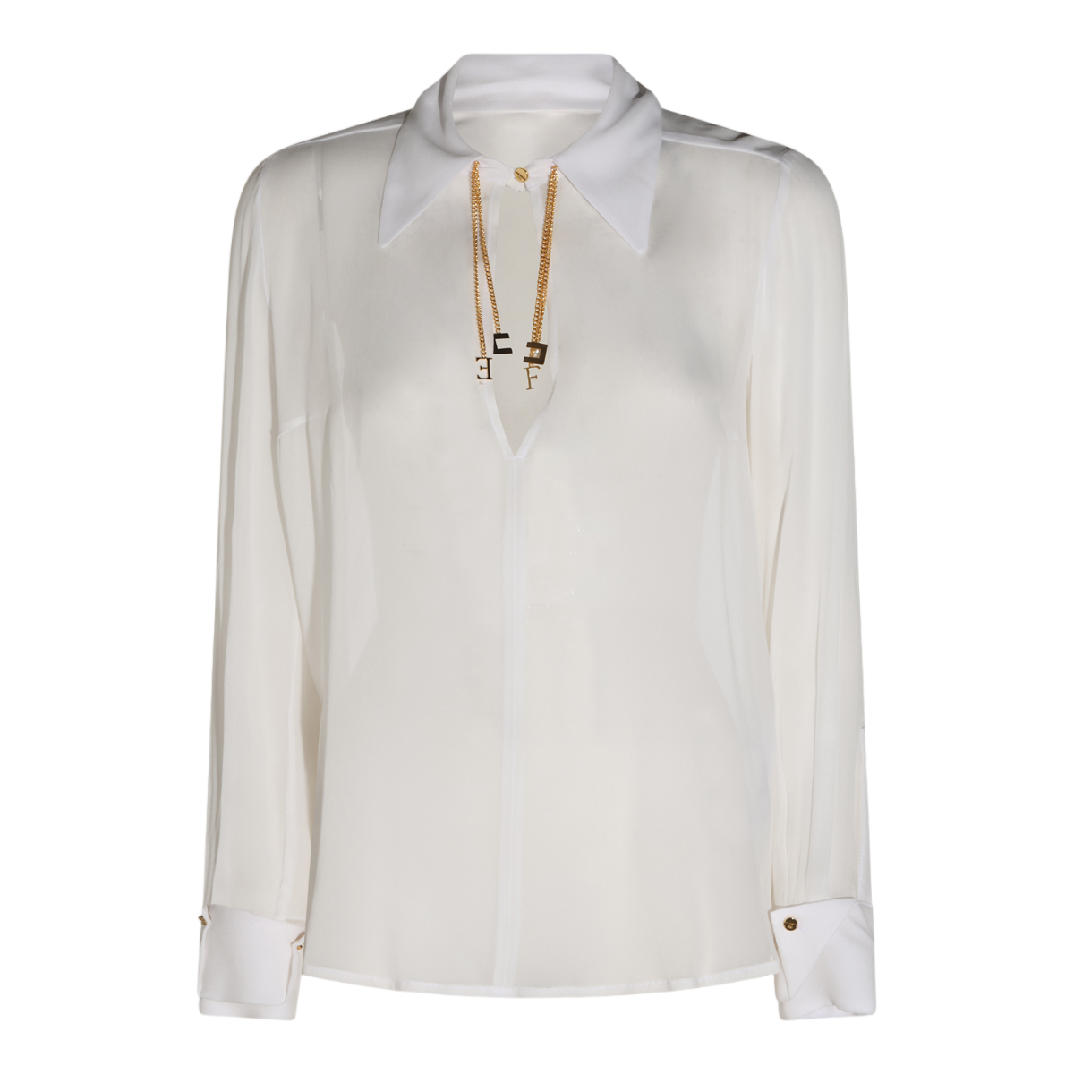 Elisabetta Franchi White Sheer Long-Sleeved Gold Chain Blouse Wit
