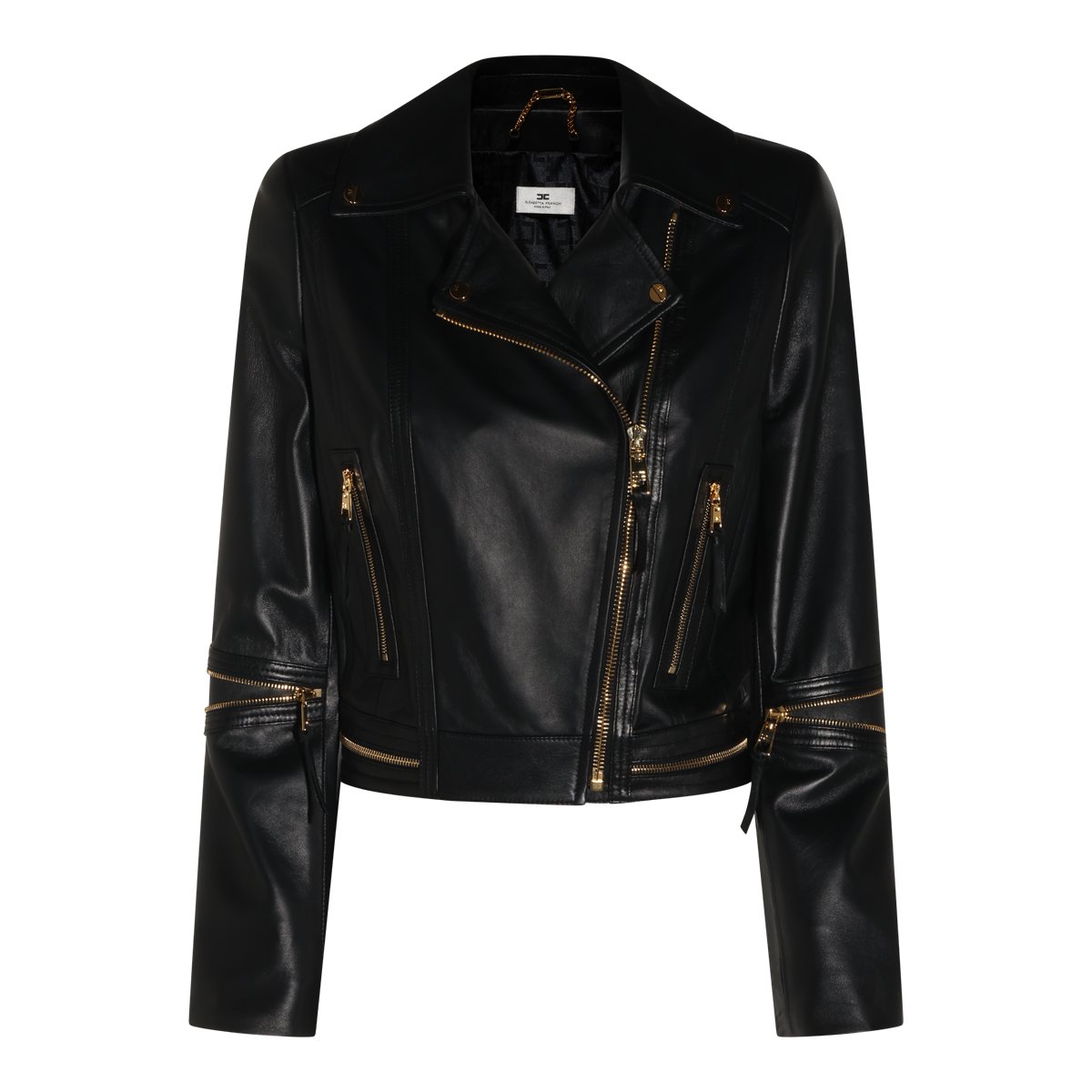 Elisabetta Franchi Fitted Black Leather Jacket with Asymmetrical Zipper Zwart