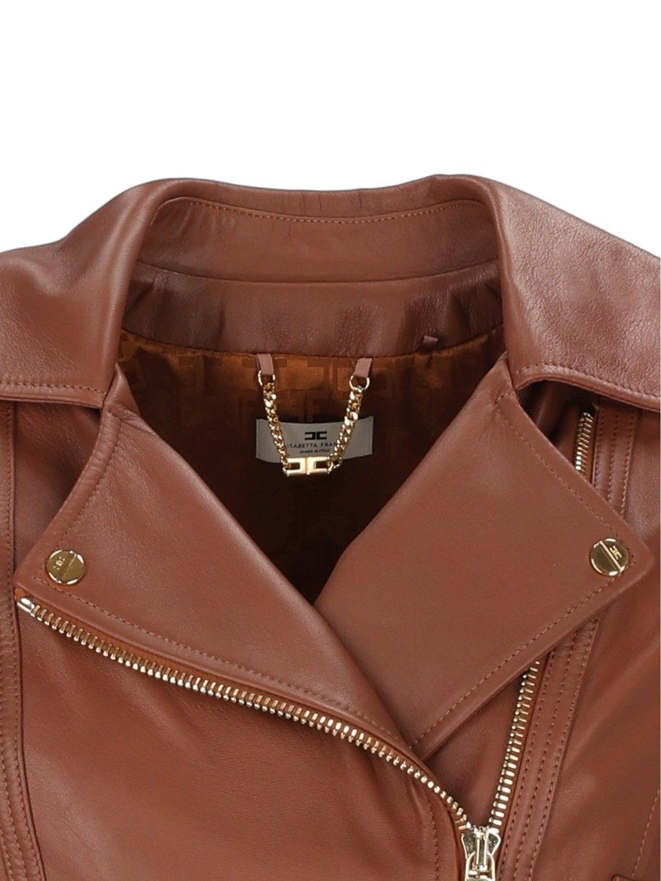 Elisabetta Franchi Cropped Leather Jacket With Asymmetrical Zipper And Gold Accents Bruin