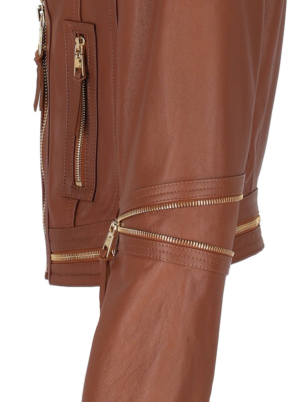 Elisabetta Franchi Cropped Leather Jacket With Asymmetrical Zipper And Gold Accents Bruin