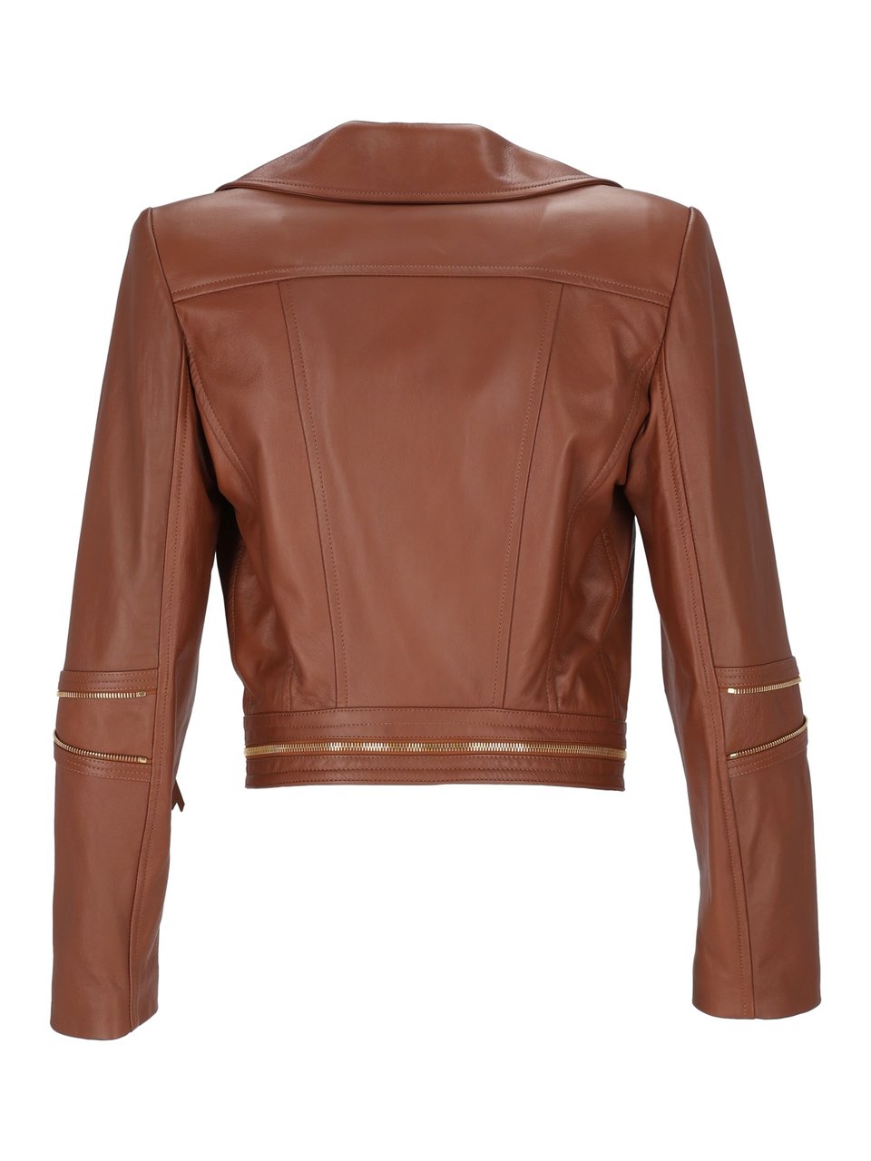 Elisabetta Franchi Cropped Leather Jacket With Asymmetrical Zipper And Gold Accents Bruin