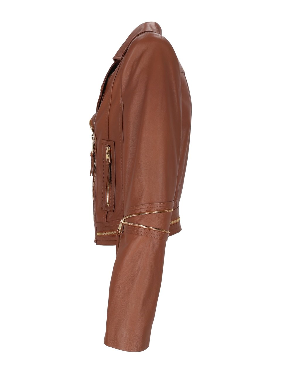 Elisabetta Franchi Cropped Leather Jacket With Asymmetrical Zipper And Gold Accents Bruin