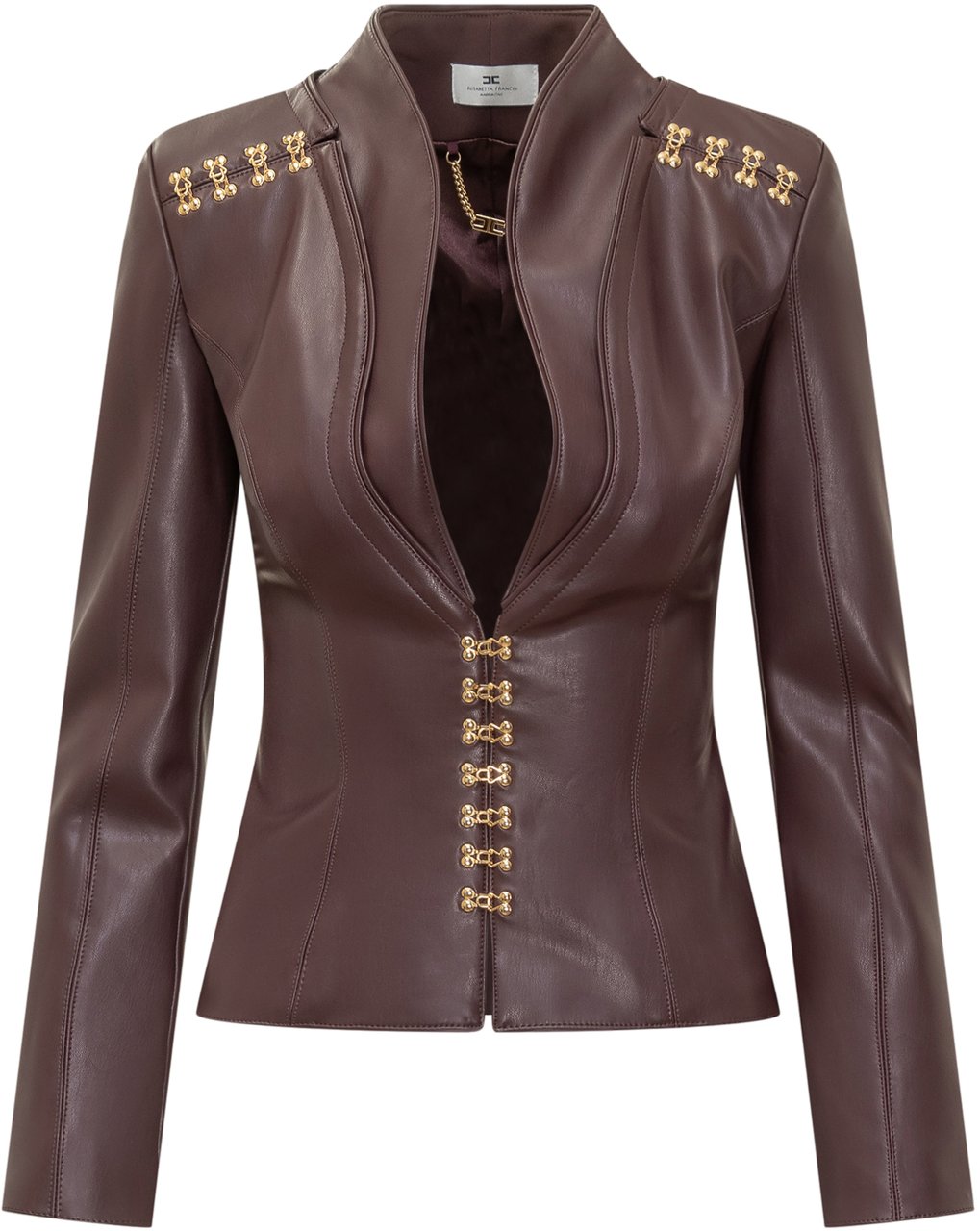 Elisabetta Franchi Giacca Elisabetta Franchi in Ecopelle Marrone con Ganci Oro e Dettagli sulle Spalle Rood